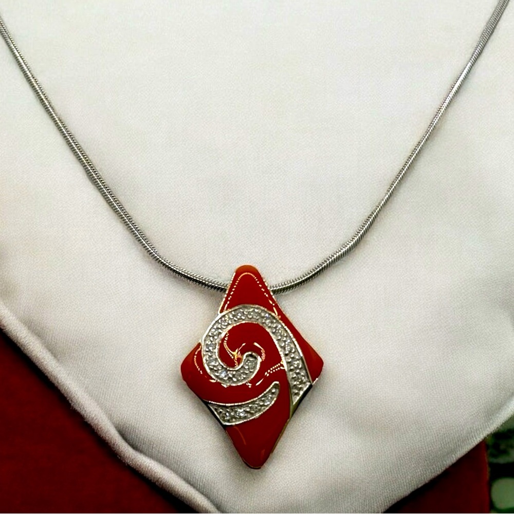Affinity Diamond‎ 1/8 ct tw Sterling Silver Orange Enamel Pendant Necklace .925